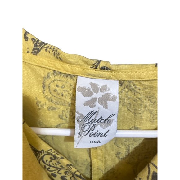 Match Point Yellow Linen Tunic Top S Floral Paisley Print 3/4 Sleeve Cowl Neck - Picture 3 of 6